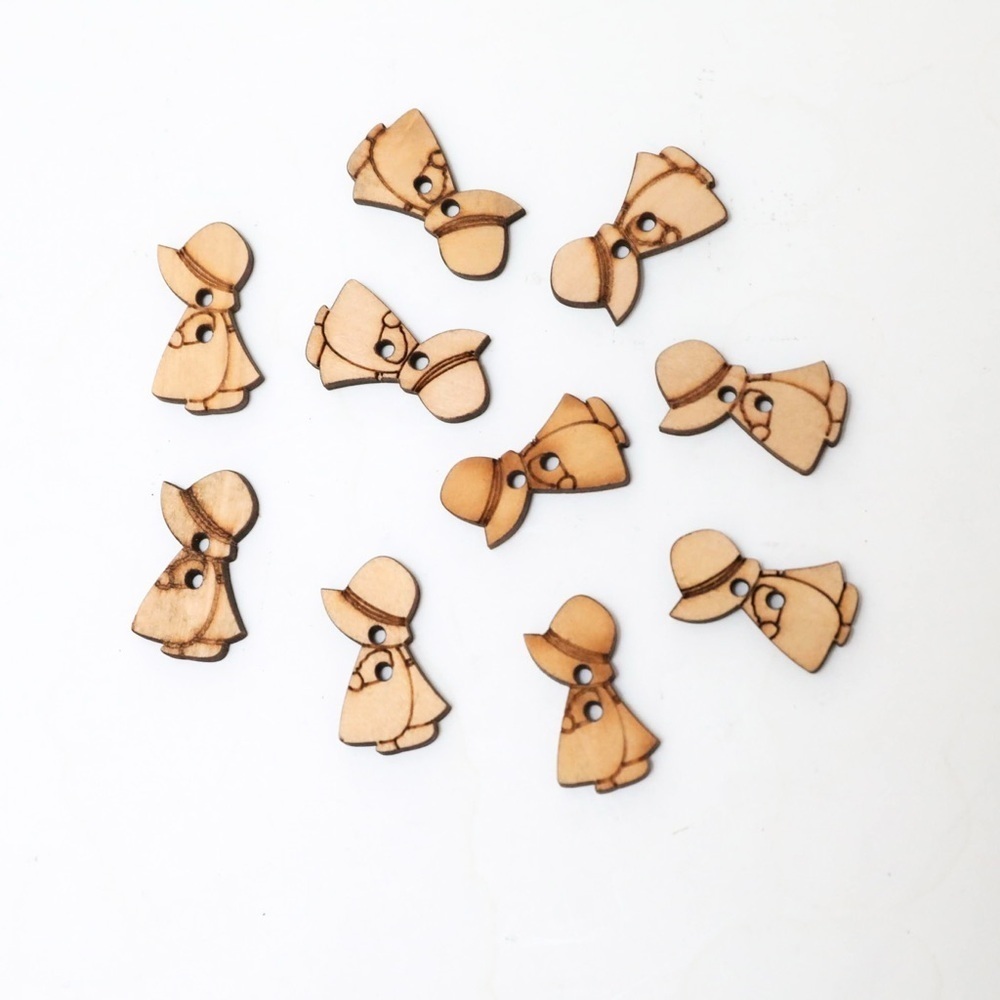 Set of 10 wooden buttons embellishment craft supplies sewing retro girl bonnet